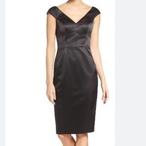 Vince Camuto Deep V Neck Black Stretch Satin Sheath Dress. Size 12